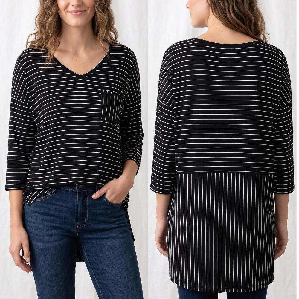 Faded Glory Womens 1X 16W Black White Stripe V Neck 3/4 Sleeve Tunic